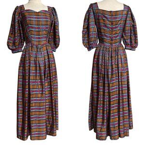 70s vintage plaid puff sleeve dress cottage victorian sweetheart Maxi acetate.